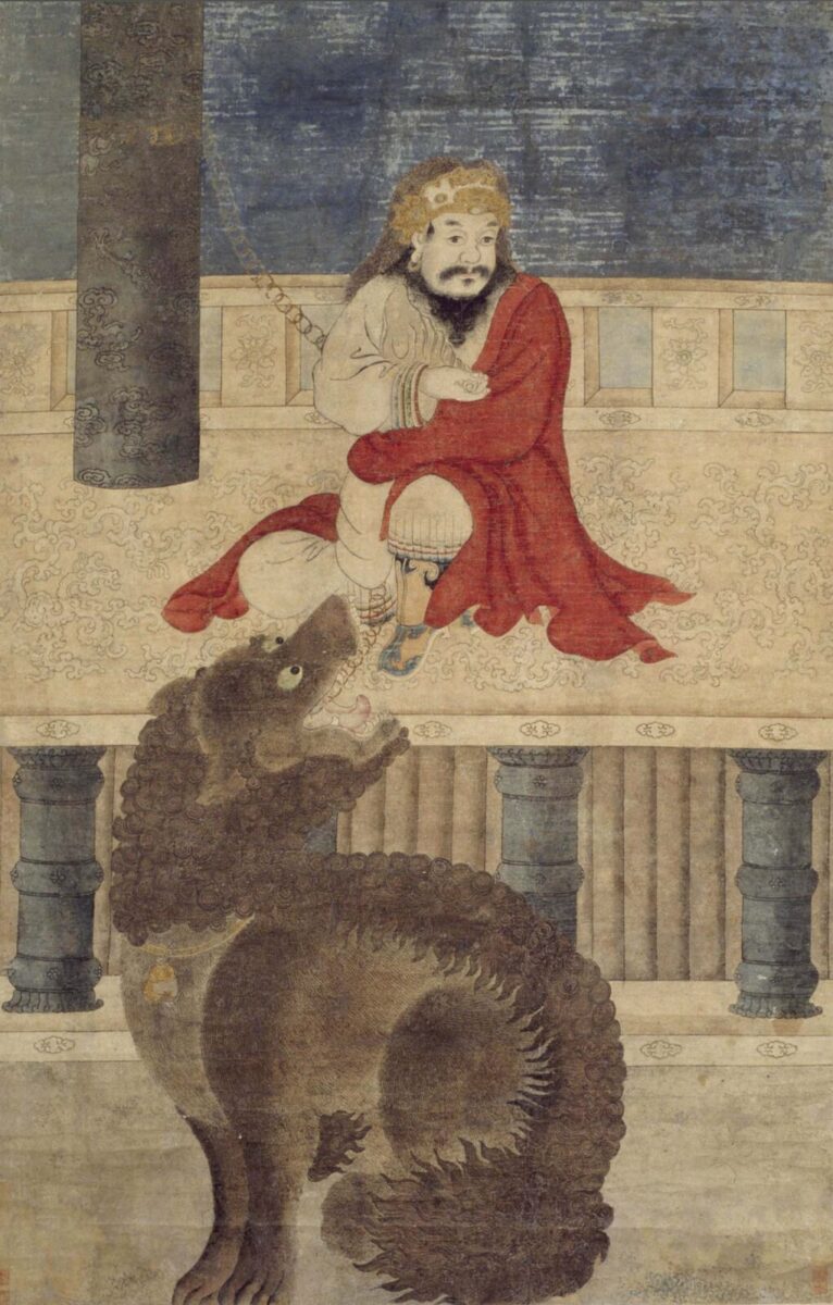 Chien Ao du pays occidental de Lü offert en tribut. Rouleau sur soie, peinture à l’encre en couleur.
